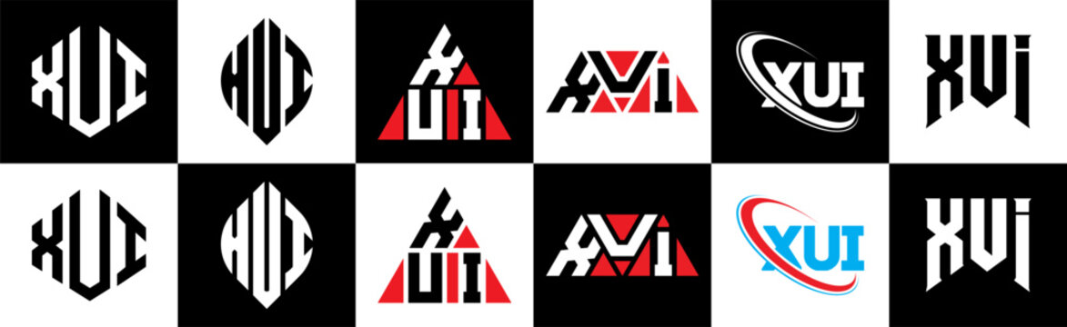 XUI letter logo design in six style. XUI polygon, circle, triangle, hexagon, flat and simple style with black and white color variation letter logo set in one artboard. XUI minimalist and classic logo