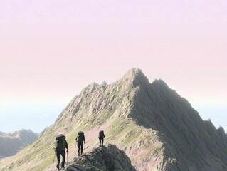 Obraz premium A semi silhouette of hikers ascending a mountain, with an expansive sky above, symbolizing ambition and the pursuit of greatness.