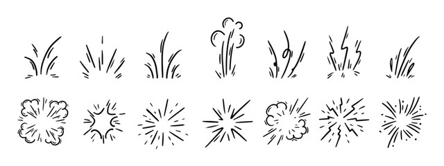 Pen Comic Boom Explosion Vector Set. Chalk Scribble Crayon Graffiti Sturburst Cartoon Splash Firework Shapes Collection. Hand Drawn Marker Squiggles. Pencil Motion Sparks Charcoal Doodles