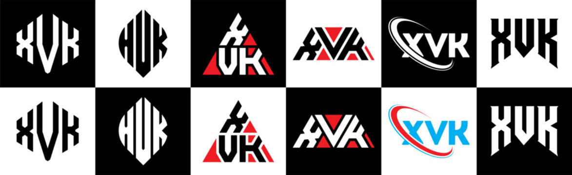 XVK letter logo design in six style. XVK polygon, circle, triangle, hexagon, flat and simple style with black and white color variation letter logo set in one artboard. XVK minimalist and classic logo