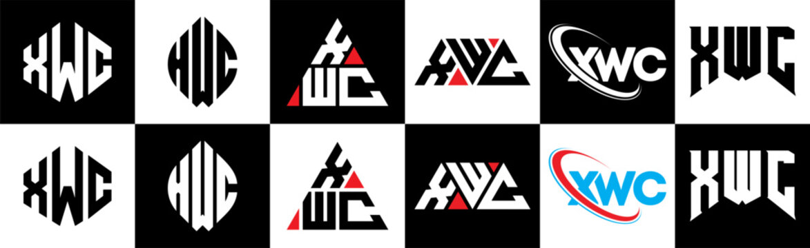 XWC letter logo design in six style. XWC polygon, circle, triangle, hexagon, flat and simple style with black and white color variation letter logo set in one artboard. XWC minimalist and classic logo