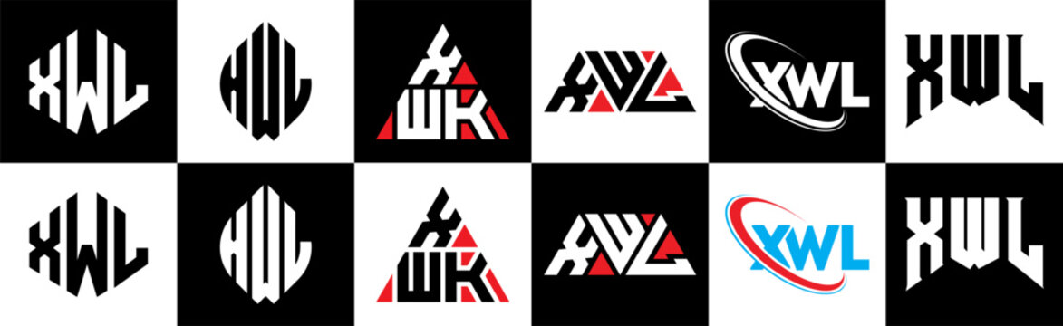 XWL letter logo design in six style. XWL polygon, circle, triangle, hexagon, flat and simple style with black and white color variation letter logo set in one artboard. XWL minimalist and classic logo