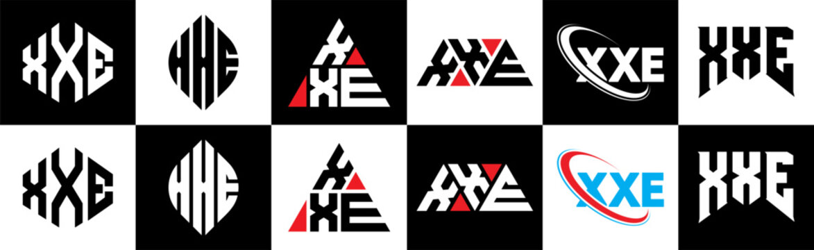 XXE letter logo design in six style. XXE polygon, circle, triangle, hexagon, flat and simple style with black and white color variation letter logo set in one artboard. XXE minimalist and classic logo
