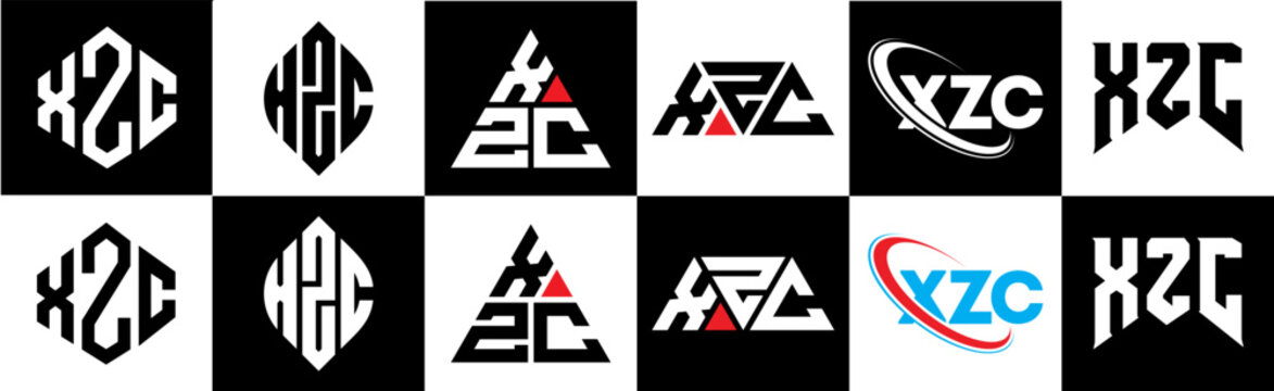 XZC letter logo design in six style. XZC polygon, circle, triangle, hexagon, flat and simple style with black and white color variation letter logo set in one artboard. XZC minimalist and classic logo