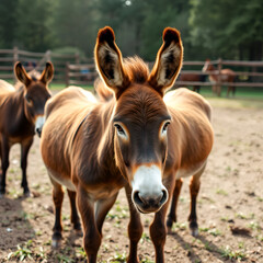 Fototapeta premium Brown domestic donkeys in paddock