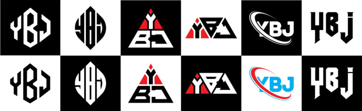 YBJ letter logo design in six style. YBJ polygon, circle, triangle, hexagon, flat and simple style with black and white color variation letter logo set in one artboard. YBJ minimalist and classic logo