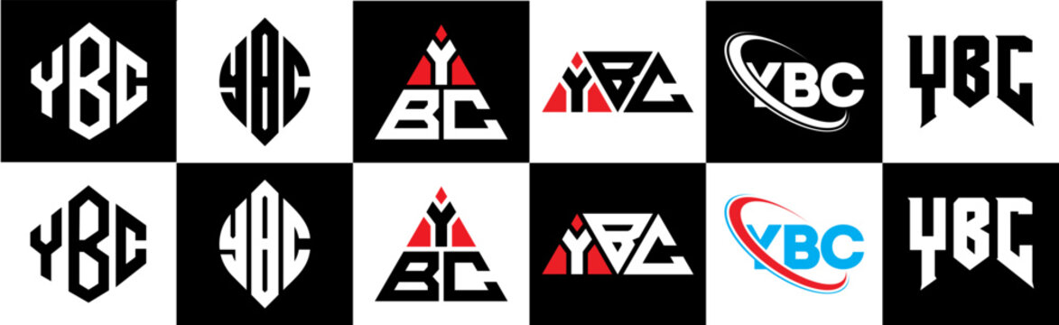 YBC letter logo design in six style. YBC polygon, circle, triangle, hexagon, flat and simple style with black and white color variation letter logo set in one artboard. YBC minimalist and classic logo