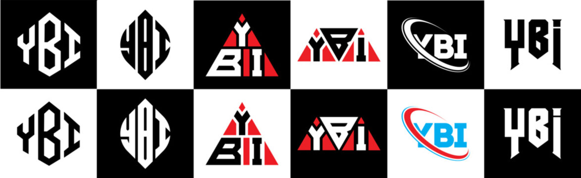 YBI letter logo design in six style. YBI polygon, circle, triangle, hexagon, flat and simple style with black and white color variation letter logo set in one artboard. YBI minimalist and classic logo