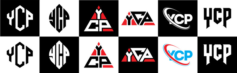 YCP letter logo design in six style. YCP polygon, circle, triangle, hexagon, flat and simple style with black and white color variation letter logo set in one artboard. YCP minimalist and classic logo
