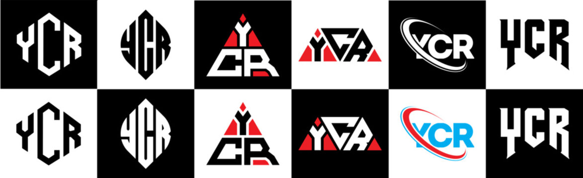 YCR letter logo design in six style. YCR polygon, circle, triangle, hexagon, flat and simple style with black and white color variation letter logo set in one artboard. YCR minimalist and classic logo
