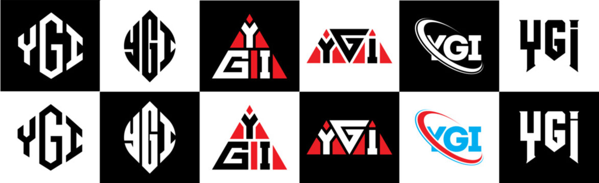 YGI letter logo design in six style. YGI polygon, circle, triangle, hexagon, flat and simple style with black and white color variation letter logo set in one artboard. YGI minimalist and classic logo