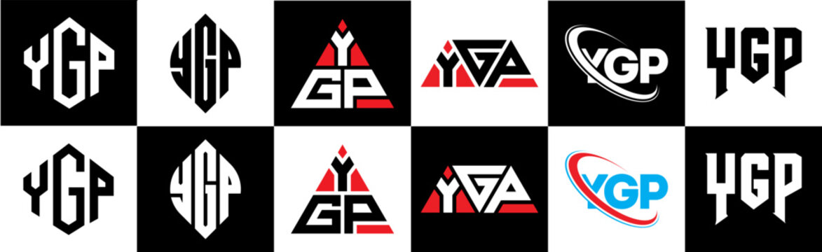 YGP letter logo design in six style. YGP polygon, circle, triangle, hexagon, flat and simple style with black and white color variation letter logo set in one artboard. YGP minimalist and classic logo