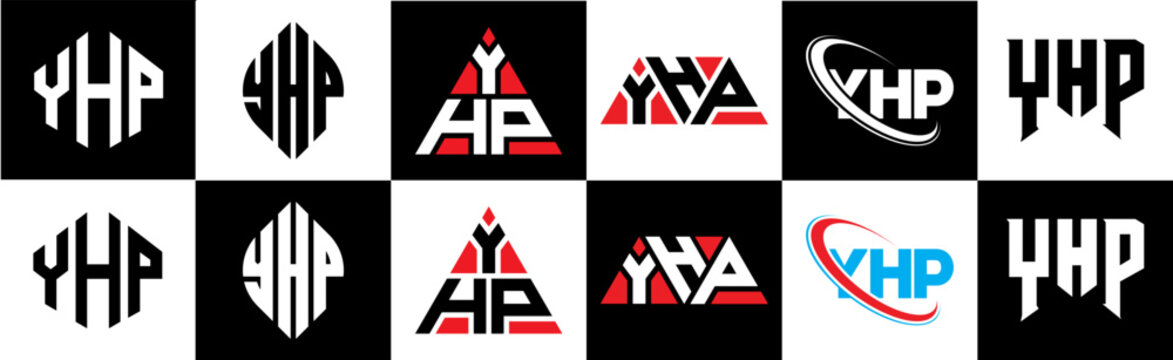 YHP letter logo design in six style. YHP polygon, circle, triangle, hexagon, flat and simple style with black and white color variation letter logo set in one artboard. YHP minimalist and classic logo
