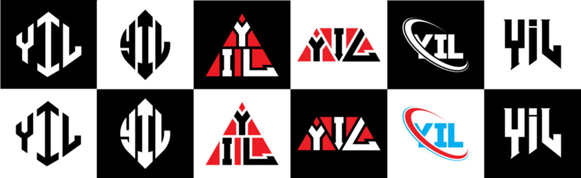 YIL letter logo design in six style. YIL polygon, circle, triangle, hexagon, flat and simple style with black and white color variation letter logo set in one artboard. YIL minimalist and classic logo