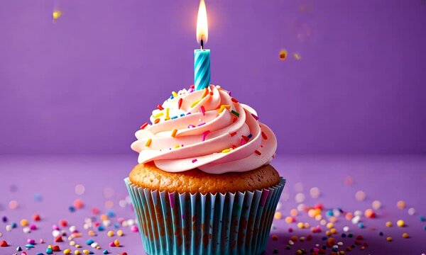 Delicious cupcake with pink frosting and a lit candle on top, set against a festive purple background. Concept of birthday and celebration
