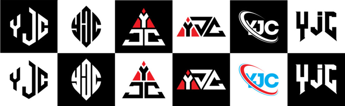 YJC letter logo design in six style. YJC polygon, circle, triangle, hexagon, flat and simple style with black and white color variation letter logo set in one artboard. YJC minimalist and classic logo