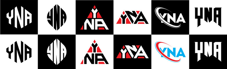 YNA letter logo design in six style. YNA polygon, circle, triangle, hexagon, flat and simple style with black and white color variation letter logo set in one artboard. YNA minimalist and classic logo