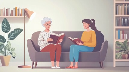 Reading together. Elderly lady and her granddaughter with interesting book on sofa at home