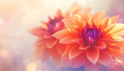 Obraz premium Two Coral Dahlias Blossom in Soft Sunlight