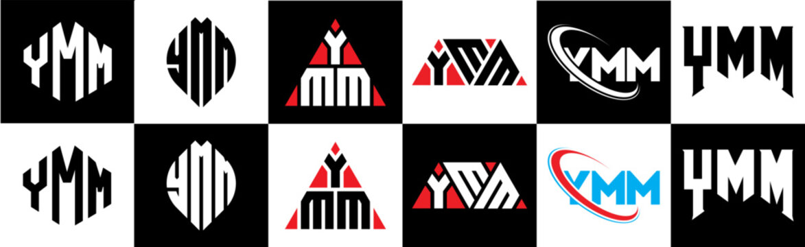 YMM letter logo design in six style. YMM polygon, circle, triangle, hexagon, flat and simple style with black and white color variation letter logo set in one artboard. YMM minimalist and classic logo