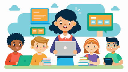 This techenhanced language learning program uses natural language processing to create personalized lessons for each child based on their learning. Vector illustration