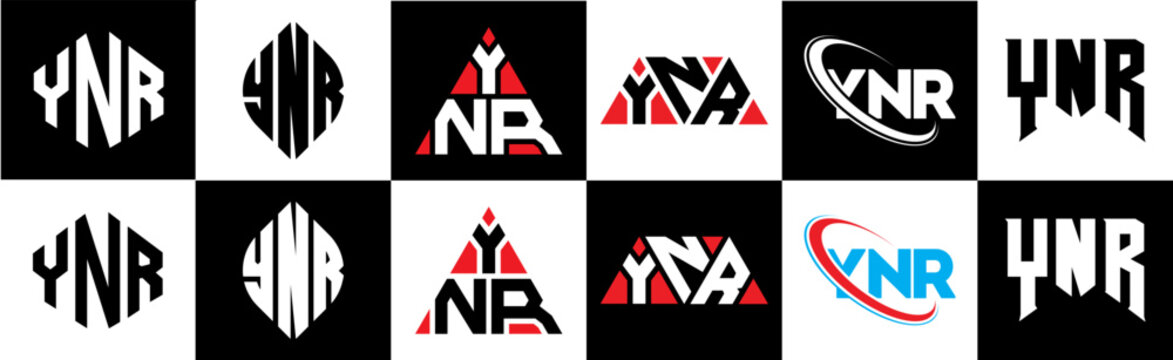 YNR letter logo design in six style. YNR polygon, circle, triangle, hexagon, flat and simple style with black and white color variation letter logo set in one artboard. YNR minimalist and classic logo