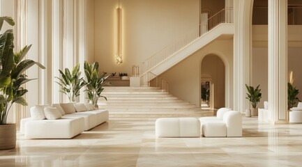 Modern luxury interior, elegant hall with cream colored walls, columns, stairs, and comfortable seating.