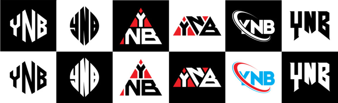 YNB letter logo design in six style. YNB polygon, circle, triangle, hexagon, flat and simple style with black and white color variation letter logo set in one artboard. YNB minimalist and classic logo