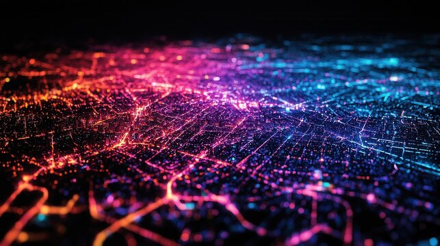 Vibrant Abstract Cityscape with Neon Lights and Digital Network Flow