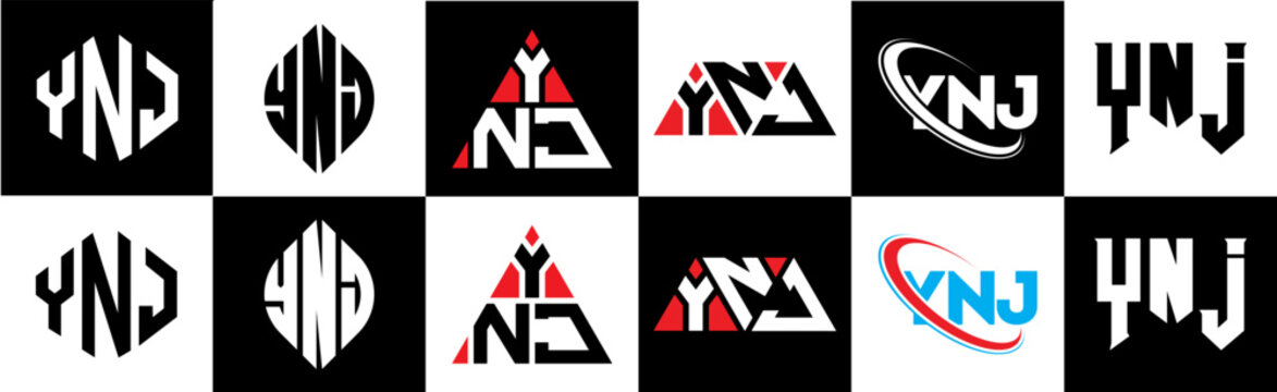 YNJ letter logo design in six style. YNJ polygon, circle, triangle, hexagon, flat and simple style with black and white color variation letter logo set in one artboard. YNJ minimalist and classic logo