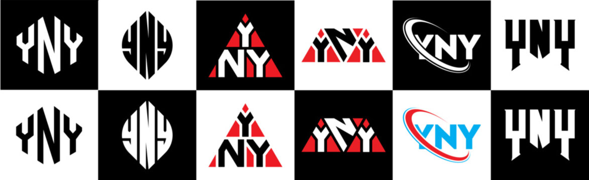 YNY letter logo design in six style. YNY polygon, circle, triangle, hexagon, flat and simple style with black and white color variation letter logo set in one artboard. YNY minimalist and classic logo