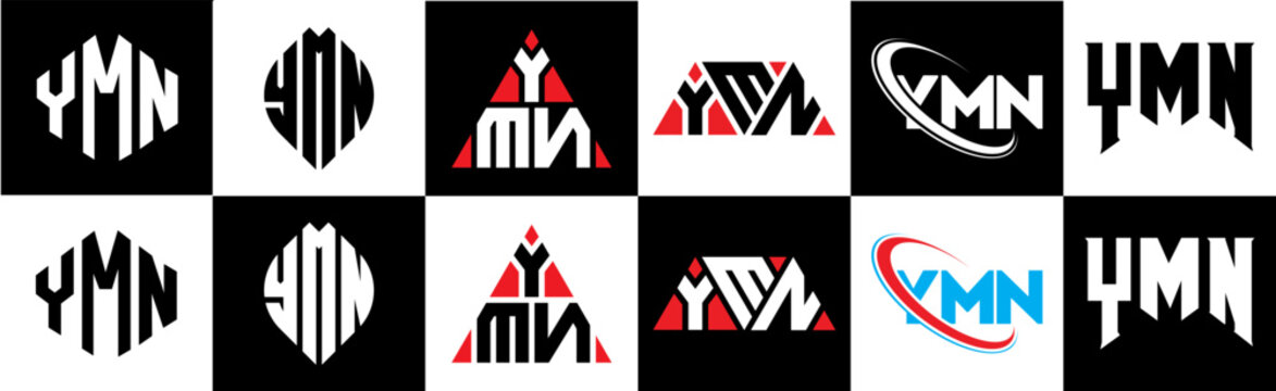 YMN letter logo design in six style. YMN polygon, circle, triangle, hexagon, flat and simple style with black and white color variation letter logo set in one artboard. YMN minimalist and classic logo