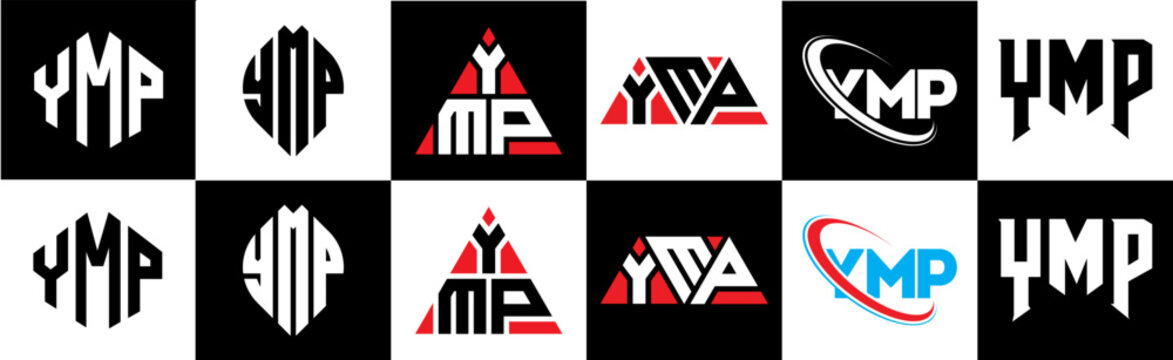 YMP letter logo design in six style. YMP polygon, circle, triangle, hexagon, flat and simple style with black and white color variation letter logo set in one artboard. YMP minimalist and classic logo