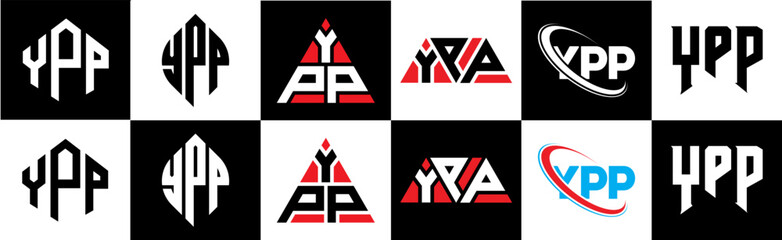 YPP letter logo design in six style. YPP polygon, circle, triangle, hexagon, flat and simple style with black and white color variation letter logo set in one artboard. YPP minimalist and classic logo