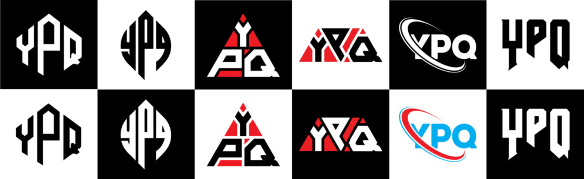 YPQ letter logo design in six style. YPQ polygon, circle, triangle, hexagon, flat and simple style with black and white color variation letter logo set in one artboard. YPQ minimalist and classic logo