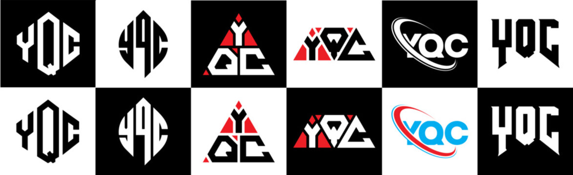 YQC letter logo design in six style. YQC polygon, circle, triangle, hexagon, flat and simple style with black and white color variation letter logo set in one artboard. YQC minimalist and classic logo