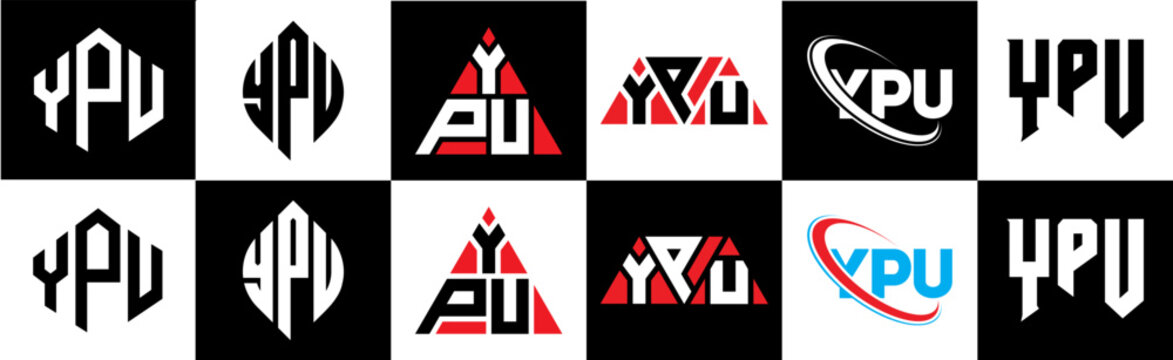 YPU letter logo design in six style. YPU polygon, circle, triangle, hexagon, flat and simple style with black and white color variation letter logo set in one artboard. YPU minimalist and classic logo