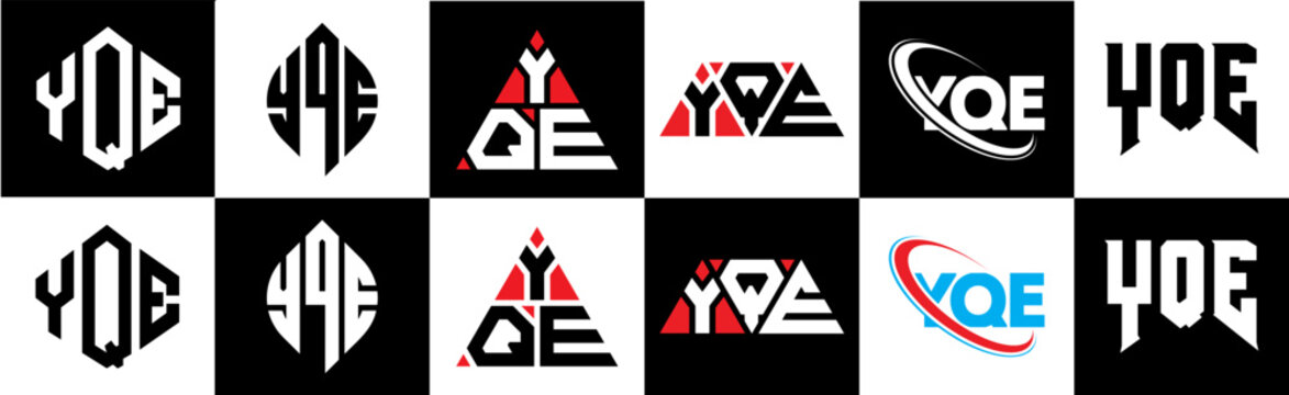 YQE letter logo design in six style. YQE polygon, circle, triangle, hexagon, flat and simple style with black and white color variation letter logo set in one artboard. YQE minimalist and classic logo
