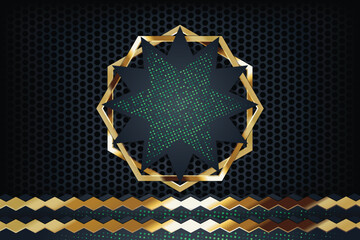 Green gold star design on dark grid; chevron background