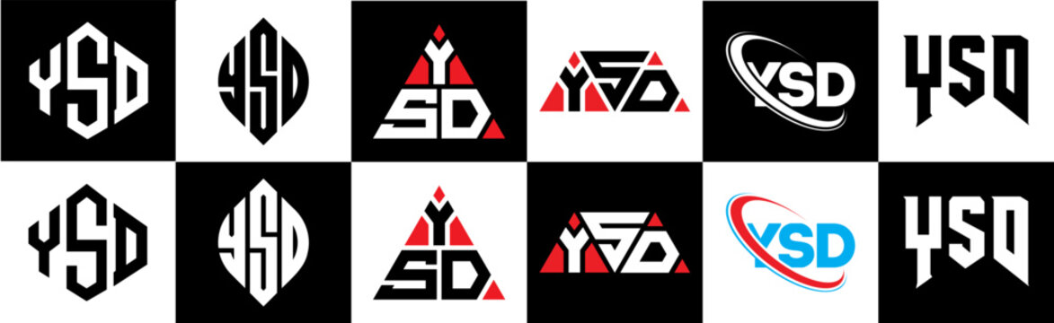 YSD letter logo design in six style. YSD polygon, circle, triangle, hexagon, flat and simple style with black and white color variation letter logo set in one artboard. YSD minimalist and classic logo