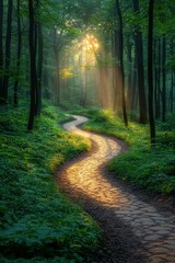 Obraz premium Golden sunlight illuminates winding forest path