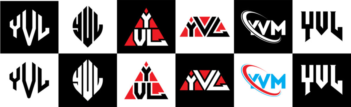 YVL letter logo design in six style. YVL polygon, circle, triangle, hexagon, flat and simple style with black and white color variation letter logo set in one artboard. YVL minimalist and classic logo
