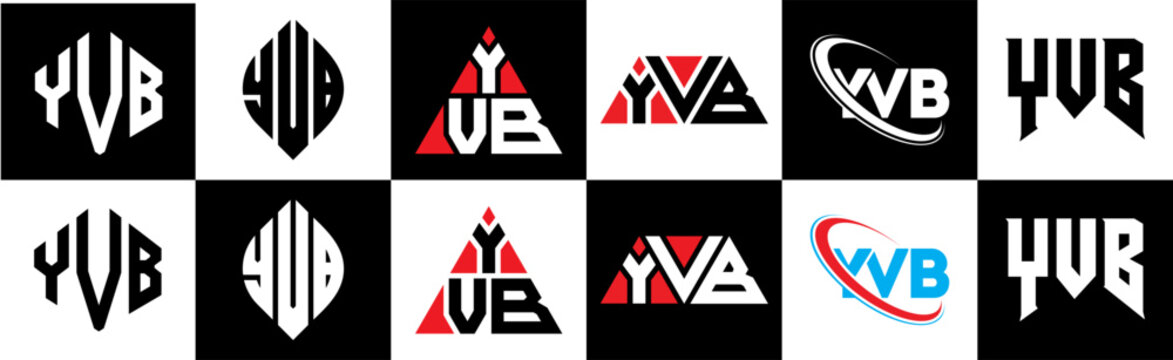 YVB letter logo design in six style. YVB polygon, circle, triangle, hexagon, flat and simple style with black and white color variation letter logo set in one artboard. YVB minimalist and classic logo