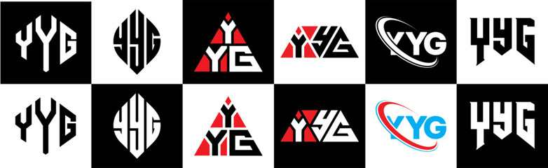 YYG letter logo design in six style. YYG polygon, circle, triangle, hexagon, flat and simple style with black and white color variation letter logo set in one artboard. YYG minimalist and classic logo