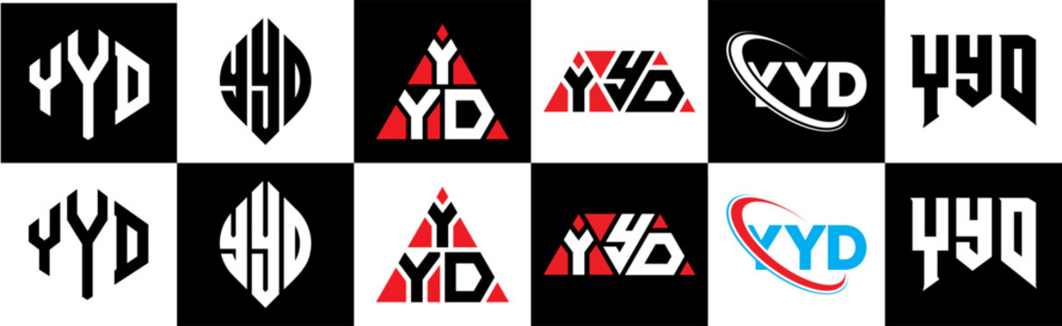 YYD letter logo design in six style. YYD polygon, circle, triangle, hexagon, flat and simple style with black and white color variation letter logo set in one artboard. YYD minimalist and classic logo