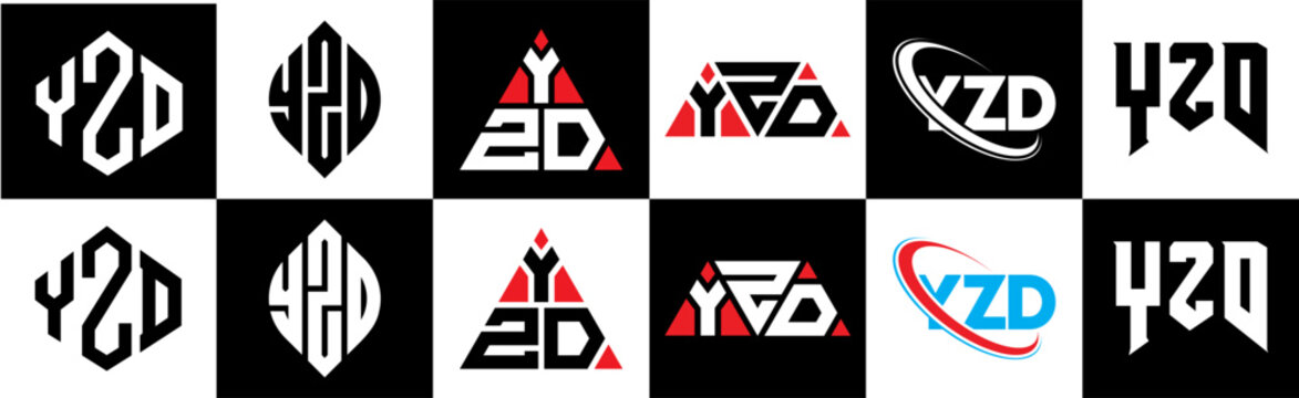 YZD letter logo design in six style. YZD polygon, circle, triangle, hexagon, flat and simple style with black and white color variation letter logo set in one artboard. YZD minimalist and classic logo