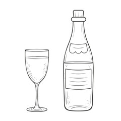 Outlined illustration of a bottle and a flute glass. Hand drawn ink bottle of sparkling wine or champagne and a glass filled with a bubbly beverage