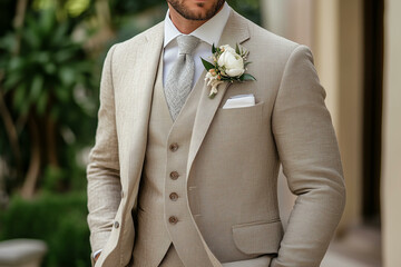 Groom's boutonniere. Floral male wedding decoration, flower stem on groom's suit lapel, blossom buttonhole on tuxedo, marriage celebration concept