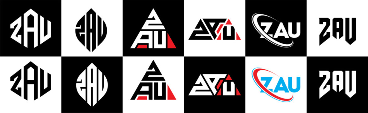 ZAU letter logo design in six style. ZAU polygon, circle, triangle, hexagon, flat and simple style with black and white color variation letter logo set in one artboard. ZAU minimalist and classic logo