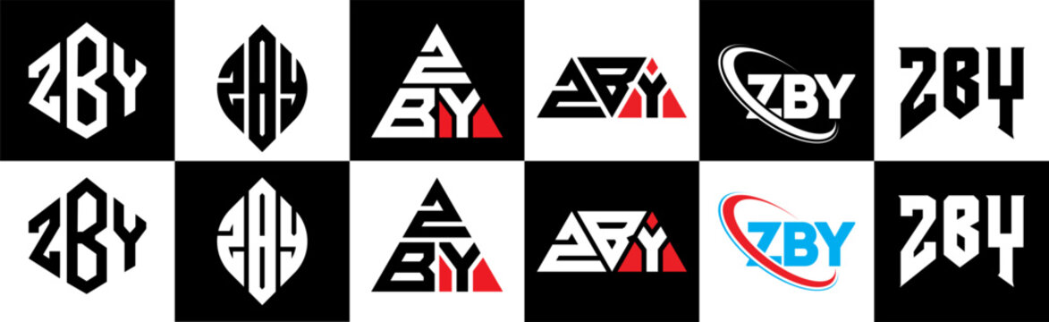 ZBY letter logo design in six style. ZBY polygon, circle, triangle, hexagon, flat and simple style with black and white color variation letter logo set in one artboard. ZBY minimalist and classic logo